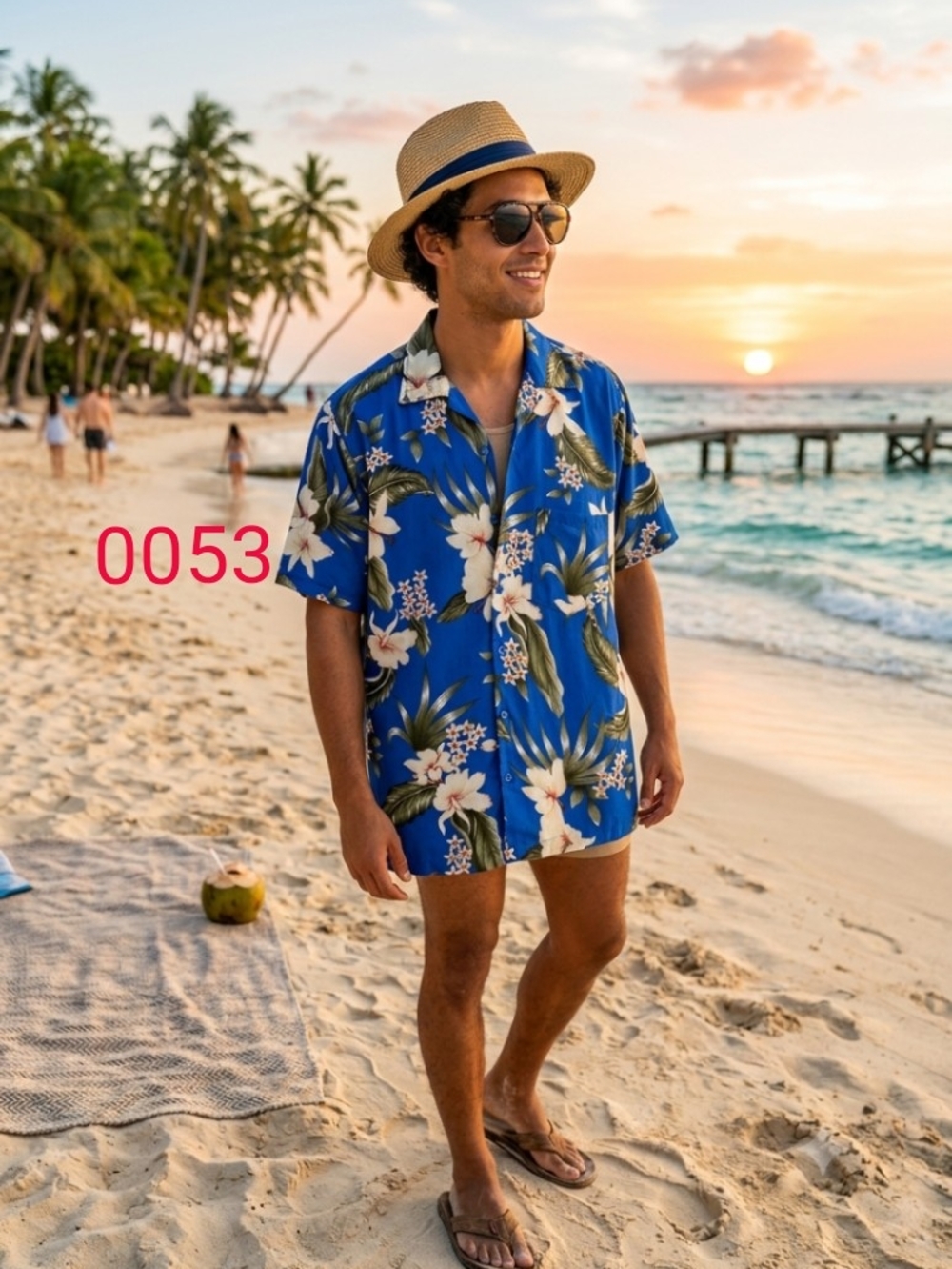 Dolphino Collection Blue Tropical Hawaiana  Floral Woven Short Sleeve Men's L